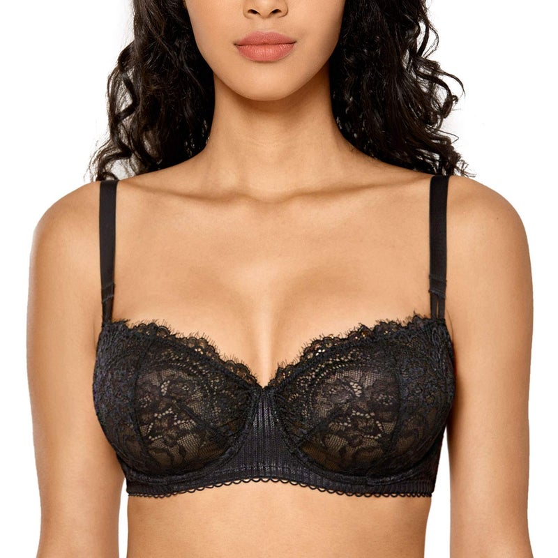 DOBREVA Women's Sexy Lace Push Up Plus Size Bra Sheer Balconette Underwire Unlined Black_Eyelash lace 36B - Image 3